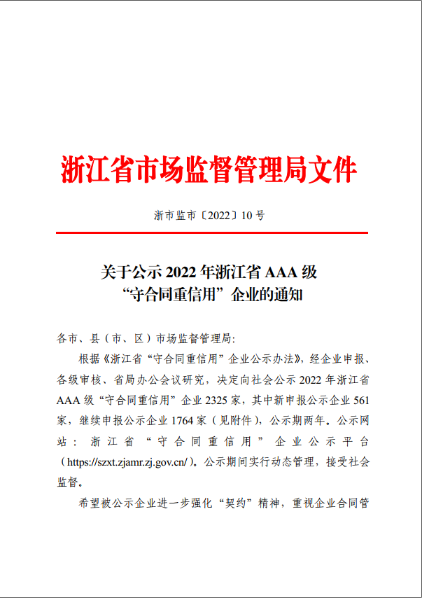 公司獲評2022年浙江省AAA級“守合同重信用”企業榮譽稱號