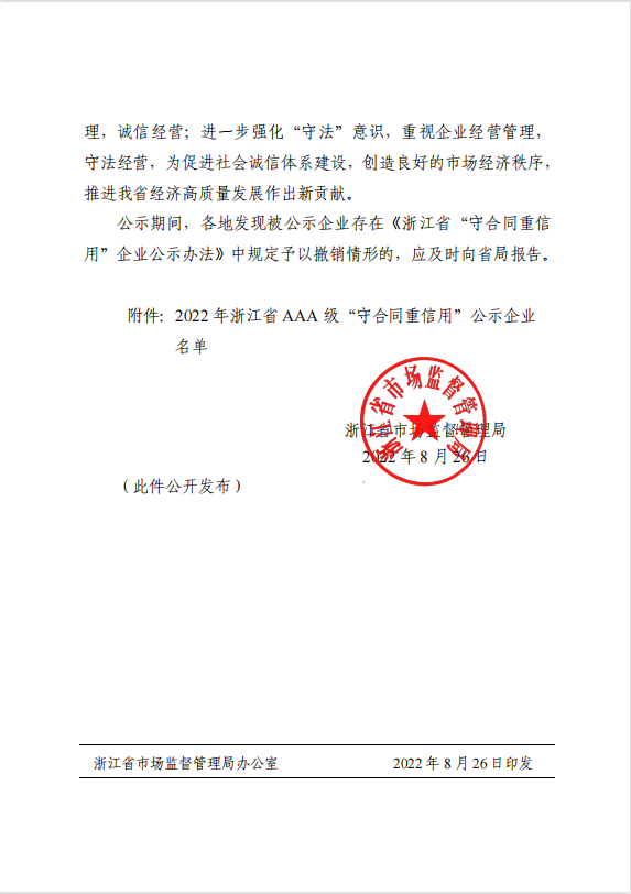公司獲評2022年浙江省AAA級“守合同重信用”企業榮譽稱號